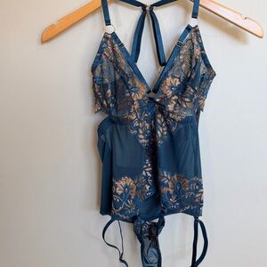 Yandy Teal Chemise with Gold Floral Lace